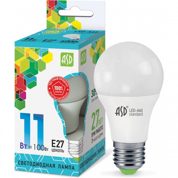 Лампа светодиодная ASD LED-A60-standard 11Вт 230В Е27 4000К 990Лм 4690612001715