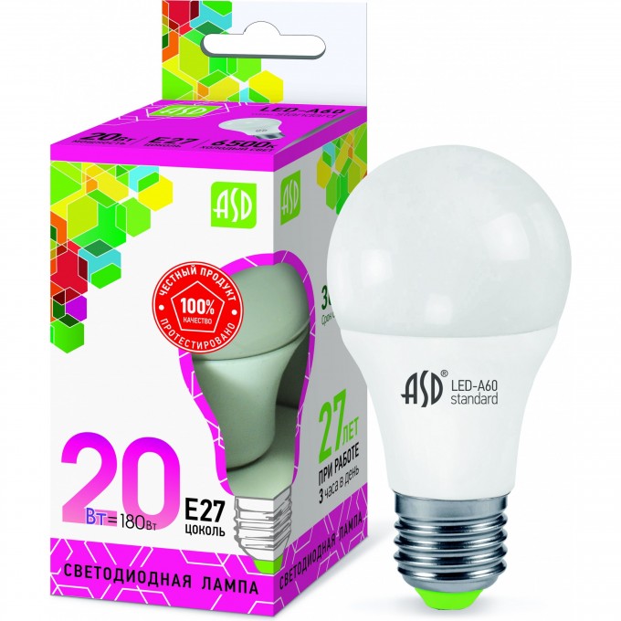 Лампа светодиодная ASD LED-A60-standard 20Вт 230В Е27 6500К 1800Лм 4690612014210