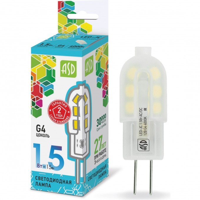 Лампа светодиодная ASD LED-JC-standard 1.5Вт 12В G4 4000К 135Лм 4690612003290